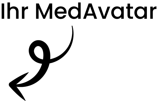 Grafik mit Text „Ihr MedAvatar“ und Pfeil als Hinweis auf den KI-Avatar für Ärzte